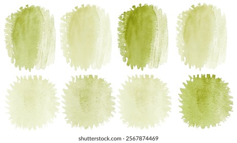 Soft green watercolor swatches, organic shapes, artistic texture, nature-inspired design, versatile background elements.