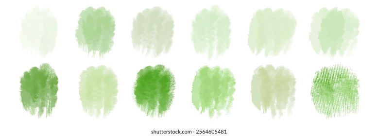 Soft green watercolor swatches, textured brush strokes, artistic background elements, nature-inspired design, versatile for various projects.