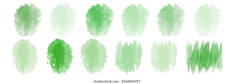 Soft green watercolor swatches, textured brush strokes, artistic design elements, versatile background options.