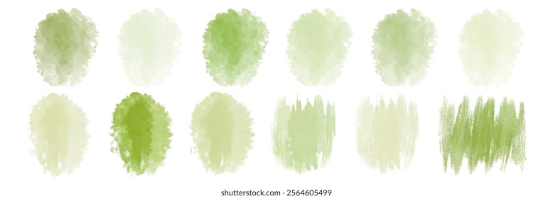 Soft green watercolor swatches, textured backgrounds, artistic design elements, nature-inspired color palette, versatile for creative projects.