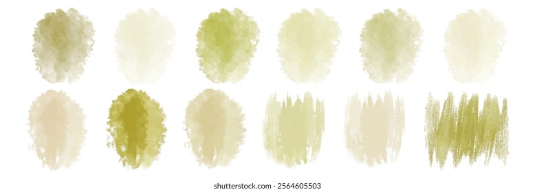 Soft green watercolor swatches, textured background, artistic design elements, nature-inspired color palette, versatile for branding.