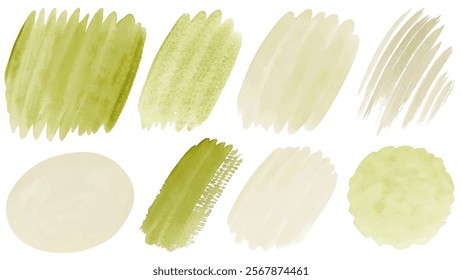 Soft green watercolor swatches, textured brush strokes, artistic background elements, nature-inspired design, versatile for projects.