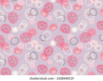 Soft greyed lilac background with hand drawn grey circles, coral, cream and soft pink flowers and seed heads. All over print for women, kids, bedlinen