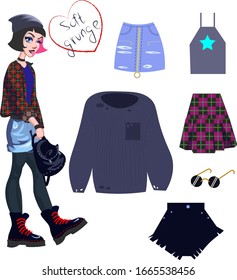Soft grunge girl style clothes objects collection set vector illustration rock hipster fashion teenager