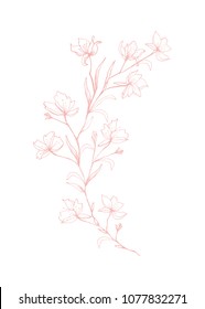 Soft Hand Drawn Pink Booming Tree Twig Vector Ilustartion. Pink Tree Branch Isolated on a White Background. Delicate Pink Sketched Flowers Design. Lovely Elegant Floral Vector Decoration. 