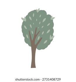A soft hand-drawn illustration of a stylized deciduous tree with playful leaves extending beyond the crown. Created in a calm pastel color palette with simple rounded shapes and gentle textures. This illustration is ideal for children’s books, educational materials, nursery decor, storybook scenes, forest and nature compositions, eco-friendly branding, mindfulness and wellness designs. Perfect as an isolated element for kids illustrations, learning games, posters, apps, and printable materials.