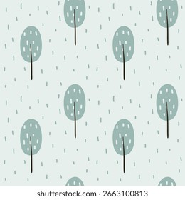 Padrão macio desenhado à mão com árvores verdes no fundo pastel. Perfeito para decoração de crianças.