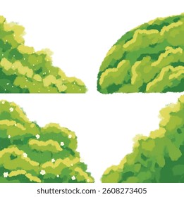 A soft, hand-painted icon set of lush green shrubs in different shapes. Made with watercolor texture, it evokes a calm and natural spring vibe.
