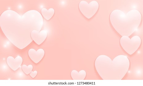 Soft hearts flying on coral pink background. Love, tenderness symbol. Greeting card  template for Valentine's Day, Mother's day.