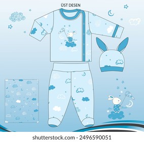 Soft and high-quality baby onesie set featuring a cute rabbit trying to catch stars from the sky, including a hat and pants. Ideal for daily wear and special occasions.