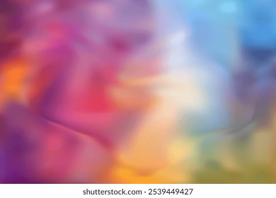 Soft holographic gradient with a smooth blurry effect. The colors transition gently between cool blues, greens, warm yellows, and pinks, creating a serene dreamy abstract vector background.