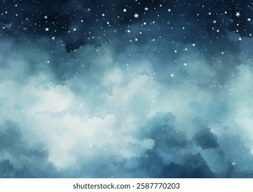 Soft hues blend in a watercolor style, creating an ethereal backdrop resembling a twilight sky full of clouds and twinkling stars, ideal for artistic use and design projects