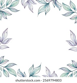 Soft hues of green and lavender blend gracefully in a stunning watercolor leaf border, perfect for artistic designs and invitations template, background, frame