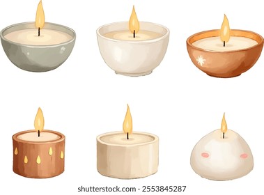 Soft hues highlight six decorative candles set in two rows. Each candle features a unique design, flame flickering gently, evoking a warm, inviting ambiance suitable for various settings.