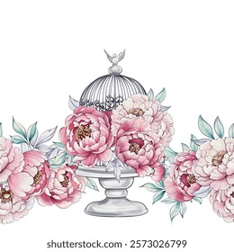 Soft hues of pink and white peonies entwine gracefully around a charming birdcage, showcasing natures beauty and artistry seamless pattern, ornament