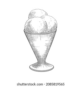 Bolas de helado blandas en una taza de plástico. Ilustración vectorial esboza helado de bola suave dibujado a mano en una taza de plástico aislada en un fondo blanco. 