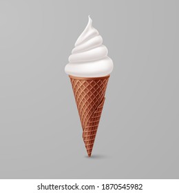 Soft Ice Cream in Brown Waffle Cone. Street Fast Food, Sweet Milky Dessert Creative illustration Isolated on Gray Background