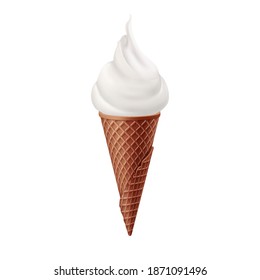 Soft Ice Cream in Brown Waffle Cone. Street Fast Food, Sweet Milky Dessert Creative illustration Isolated on White Backdrop
