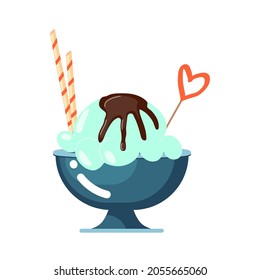 Soft ice cream with chocolate sauce in a bowl object isolated on a white background. Flat Art Vector Illustration