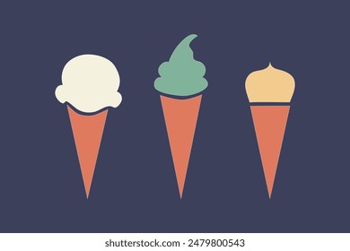Soft ice cream in a cone. A set of different colors of ice cream. Vector illustration on a blue background.