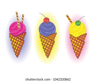 Soft ice cream in the favelium cone. Biscuit. Cocktail cherry. Isolated illustration. Set 6