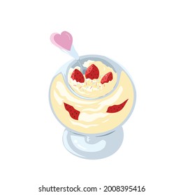 Soft ice cream in a glass filled with strawberries and a heart-shaped spoon , ice cream vector illustration 