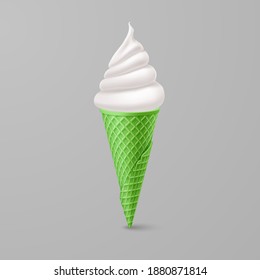Soft Ice Cream in Green Waffle Cone. Street Fast Food, Sweet Milky Dessert Creative illustration Isolated on Gray