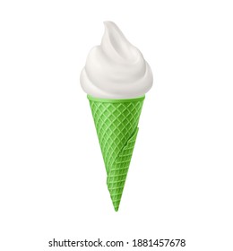 Soft Ice Cream in Green Waffle Cone. Street Fast Food, Sweet Milky Dessert Creative illustration Isolated on White