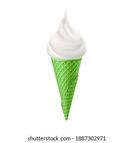 Soft Ice Cream in Green Waffle Cone. Street Fast Food, Sweet Milky Dessert Creative illustration Isolated on White Backdrop