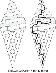 Soft ice cream maze for kids with a solution in black and white