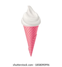Soft Ice Cream in Pink Waffle Cone. Street Fast Food, Sweet Milky Dessert Creative illustration Isolated on White Backdrop