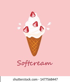 Soft ice cream strawberries vector with pink background 