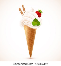 Soft ice cream with strawberry and waffles, vector illustration