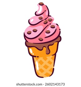 Soft ice cream swirl in waffle cup. Funny creamy strawberry gelato twirl with chocolate chips serve. Summer dessert, confectionery mascot, pink smooth ice cream cartoon vector illustration