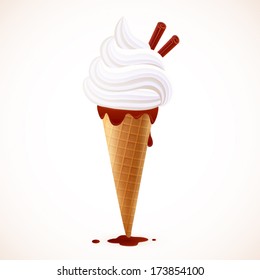 Soft ice cream vector dessert in wafer cone with chocolate sticks