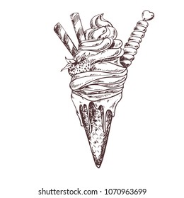 Soft Ice cream in waffle cone decorated with waffle tubes, hand drawn vintage vector illustration, sketch style.