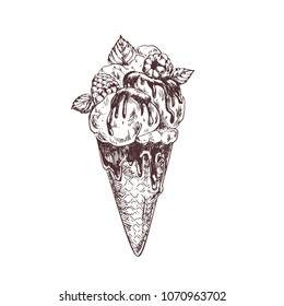 Soft Ice cream in waffle cone decorated with caramel, mint leaves and raspberry, hand drawn vintage illustration, sketch style. Vector
