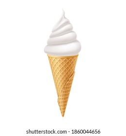 Soft Ice Cream in Waffle Cone. Street Fast Food, Sweet Milky Dessert Creative illustration Isolated on White Backdrop.