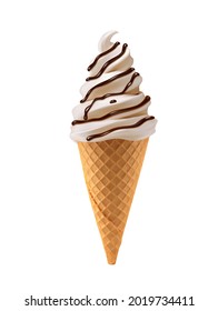 Soft Ice Cream Waffle Cone With Chocolate. Vanilla Sundae Swirl, 3d Realistic Vector Frozen Dessert With Whipped Cream Twist, Chocolate Topping Or Cocoa Drip In Waffle Cone