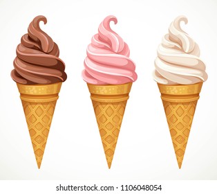 Soft ice-cream different tastes in cone design elements for summer season isolated on a white background