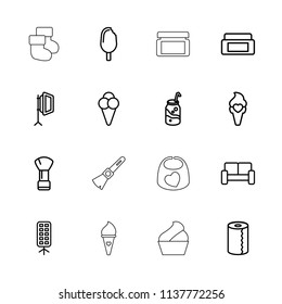 Soft icon. collection of 16 soft outline icons such as cream box, shaving brush, paper towel, soda, ice cream, sofa, baby socks. editable soft icons for web and mobile.