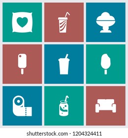 Soft icon. collection of 9 soft filled icons such as drink, ice cream, soda, sofa, pillow with heart on it. editable soft icons for web and mobile.