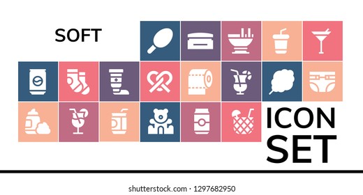 soft icon set. 19 filled soft icons. Simple modern icons about  - Cotton candy, Can, Foam, Cocktail, Soda, Teddy bear, Socks, Cream, Pretzel, Toilet paper, Diapers, Custard, Martini