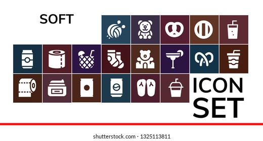 soft icon set. 19 filled soft icons.  Collection Of - Yarn ball, Can, Toilet paper, Cream, Soda, Slippers, Cocktail, Socks, Teddy bear, Pretzel