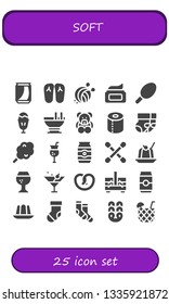 soft icon set. 25 filled soft icons.  Simple modern icons about  - Can, Slippers, Yarn ball, Cream, Cotton candy, Sundae, Custard, Teddy bear, Toilet paper, Socks, Cocktail, Cotton swab