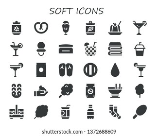 soft icon set. 30 filled soft icons.  Collection Of - Can, Pretzel, Sundae, Jelly, Cocktail, Dummy, Cream, Blanket, Soda, Slippers, Blur, Cotton candy, Custard, Sewing box, Socks