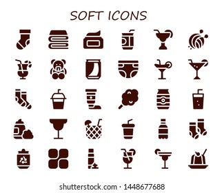 soft icon set. 30 filled soft icons.  Simple modern icons about  - Sock, Blanket, Cream, Soda, Cocktail, Yarn ball, Teddy bear, Can, Diaper, Socks, Cotton candy, Foam, Mozy, Jelly