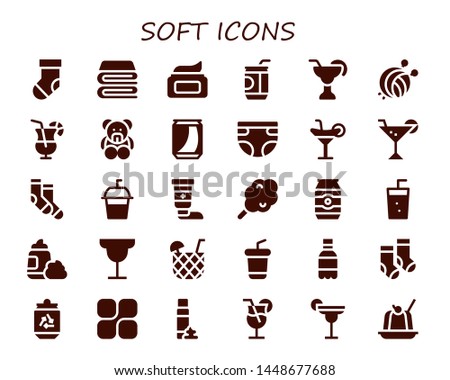 soft icon set. 30 filled soft icons.  Simple modern icons about  - Sock, Blanket, Cream, Soda, Cocktail, Yarn ball, Teddy bear, Can, Diaper, Socks, Cotton candy, Foam, Mozy, Jelly