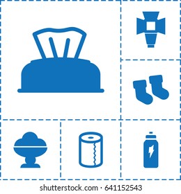 Soft icon. set of 6 soft filled icons such as baby socks, baby napkin, paper towel, soft box, energetic drink