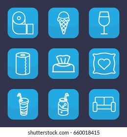 Soft icon. set of 9 outline soft icons such as baby napkin, pillow with heart on it, cocktail, paper towel, soda, drink, sofa